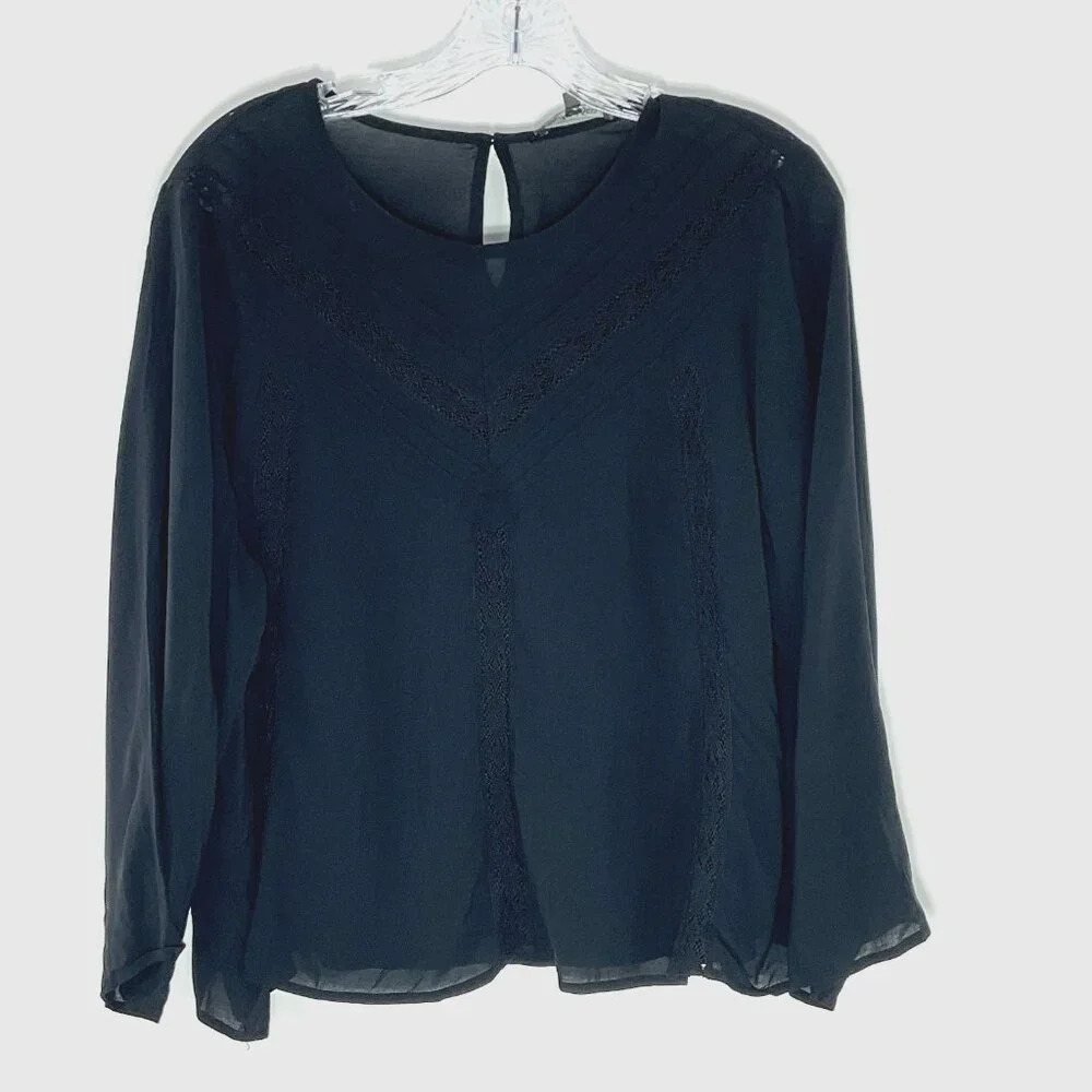 Michael Stars Top Women L Black Long Sleeve Lace Pleated‎ Detail Blouse
